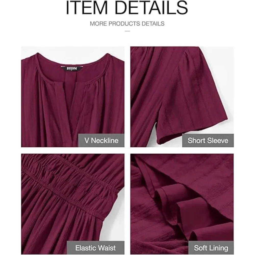 Women's Wine Red V Neck Short Sleeve A Line Summer Casual Maxi Dress Pockets